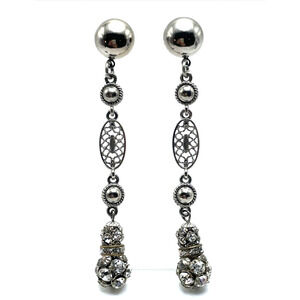 ESTATE VTG Earrings Silver Rhinestone Fireball Filigree Dangle Drop Statement